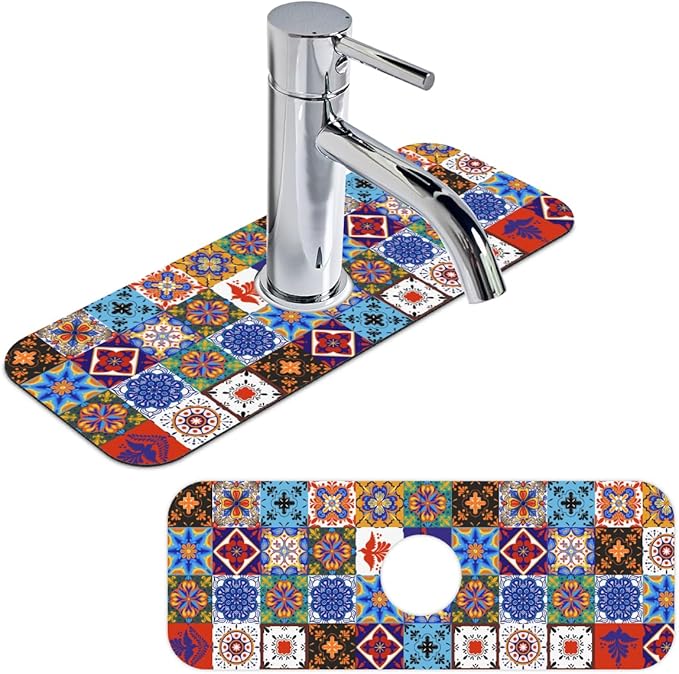 Kitchen Sink Splash Guard Faucet Mat Talavera Mexican Boho 2PCS Absorbent Fast Drying Faucet Guard & Draining Mat Sink Splash Guard Behind Faucet Drip Catcher for Kitchen Bathroom RV (15.4" X 5.7" )