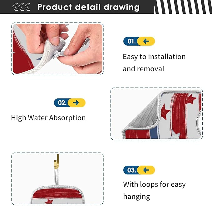 2 PCS Kitchen Sink Splash Guard 30 Inch Faucet Mat for Kitchen Sink Bathroom Sink Faucet Absorbing Drip Drain Mat Pad Microfiber Soft Washable White and Red Patriotic Striped Stars