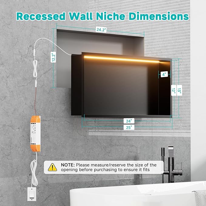 Stainless Steel 12"x24" LED Lights Shower Niche - No Tile Needed Recessed Wall Niche Waterproof for Walk in Shower Bathroom Storage, Matte Black