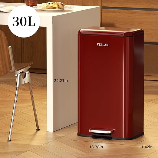 Kitchen Bathroom 8 Gallon Trash Can - Stainless Steel Garbage Cans with Foot Pedal, Recycling Bin with Lid for Office Bathroom Decor (Red, 30Liter / 8Gallon)
