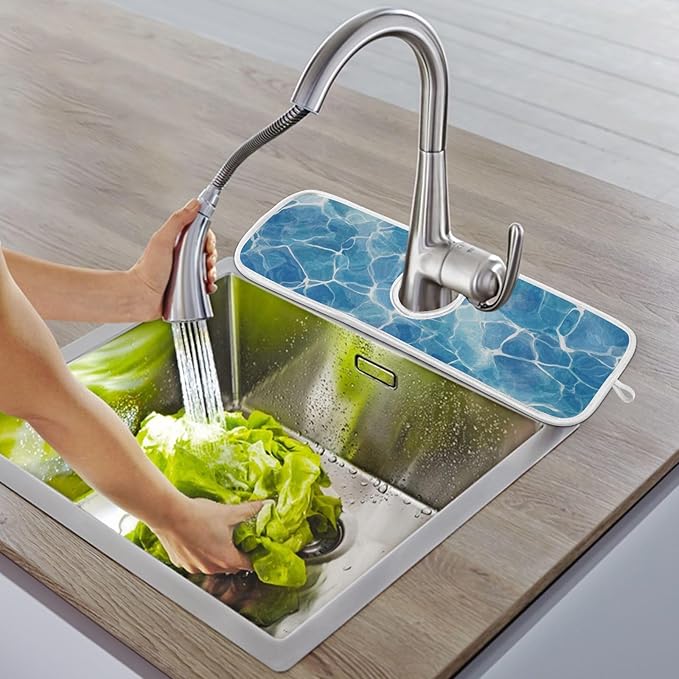 2 PCS Kitchen Sink Splash Guard 30 Inch Faucet Mat for Kitchen Sink Bathroom Sink Faucet Absorbing Drip Drain Mat Pad Microfiber Soft Washable Blue Pool Ripples