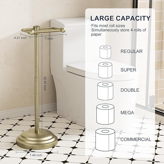 Antique Bronze Toilet Paper Holder Stand, Bathroom Toilet Paper Holder Free Standing, Stainless Steel Pivoting Toilet Tissue Roll Holder，Adjustable Height (14.76'' to 23.36'') Paper Holder
