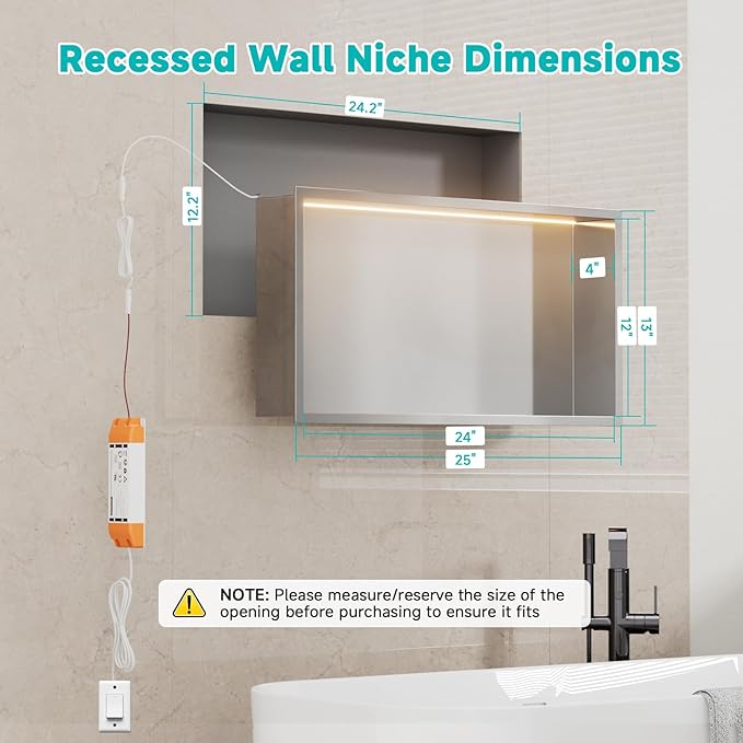 Stainless Steel Shower Niche with LED Lights 12" x 24" Recessed Wall Niche, No Tile Needed Bathroom Storage Shelf (Brushed)