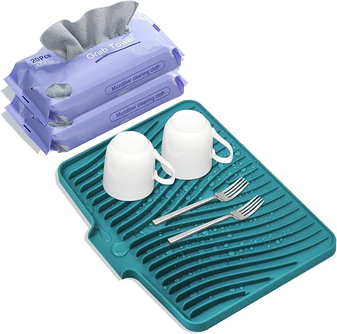 Silicone Dish Drying Mat, Stone Drying Mat for Kitchen Counter with Built-in Drain, Non-Slip 16" X 12" Drying Matt Kitchen Counter and Grey Microfiber Cleaning Cloth, Cleaning Rags Set(Green)