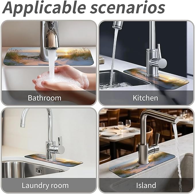 Kitchen Sink Splash Guard，sunset over the sea Faucet Mat Sink Gadgets-Super Absorbent Fast Drying Mat Drip Catcher for Kitchen, Bathroom,Sink Mat, Dish Drying Mat, Bathroom(15" X 5.5" )