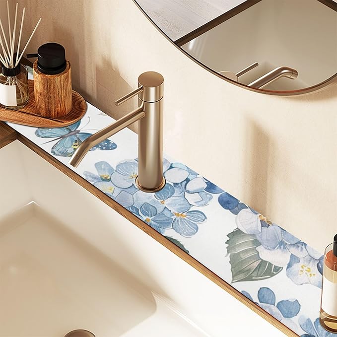 Blue Hydrangea Butterfly Kitchen Sink Splash Guard Faucet Mat Diatomite Absorbent Pad for Bathroom RV 14.7x5.4in 1PCS water