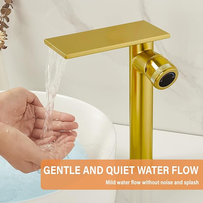 Becola Modern Brushed Gold Tall Waterfall Basin Mixer Tap with Adjustable Knobs and Two Supply Lines