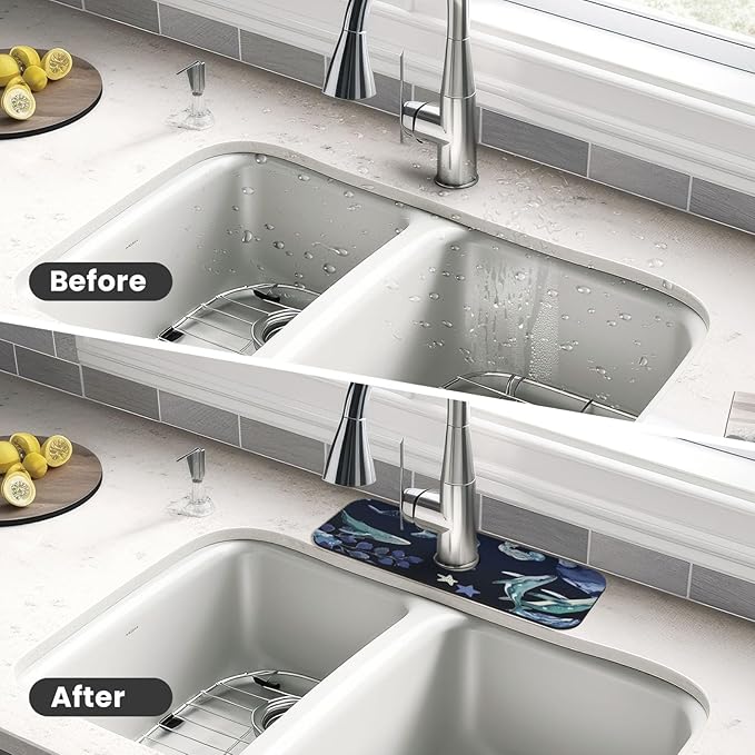 Whale Ocean Starfish 15" X 5.5" Kitchen Sink Splash Guard, Faucet Guard Draining Mat, Faucet Suction Pad For Kitchen Bathroom
