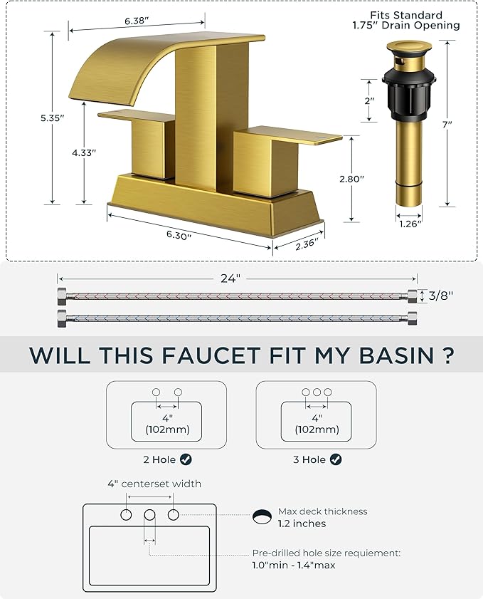 FORIOUS 4 Inch Centerset Brushed Gold Bathroom Faucet, 2 or 3 Hole Waterfall Square Bathroom Sink Faucet with Metal Pop-up Drain and Supply Lines, Two Handles for Vanity, Lavatory Room,Pedestal