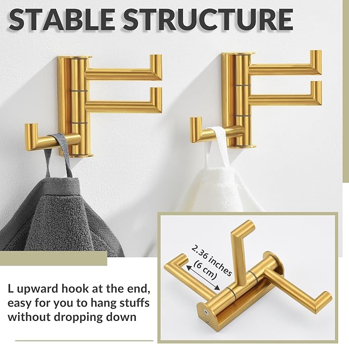 APLusee Brushed Gold Swivel Towel Hook 2 Pack, 304 Stainless Steel Triple Clothes Hook, Wall Mount