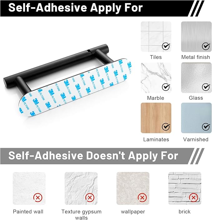 2 Pieces Self Adhesive Matte Black Toilet Paper Holder, Commercial Toilet Paper Dispenser Toilet Roll Holder, Double Base Paper Towel Holder Wall Mount No Drilling for Bathroom, Kitchen