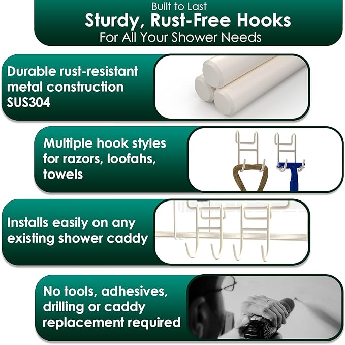 White Shower Caddy Hooks - Razor Hanger and Holder, Shelf Hooks for Loofah - 4 Pack