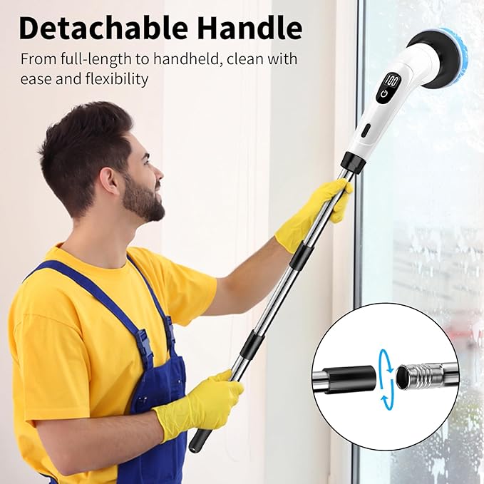 GOXAWEE Electric Spin Scrubber, Cordless Cleaning Brush with 8 Replaceable Brush Heads, Power Shower Scrubber with Long Handle for Bathroom, Tub, Tile, Floor (White)