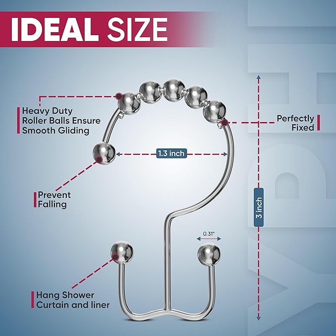 Shower Curtain Hooks Rust Proof (Set of 12) - Stainless Steel Shower Curtain Rings - Anti Slip Roller Balls for Easy Glide (Double Anchor Hooks, Chrome)