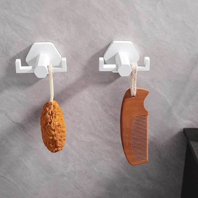 GERZWY White Bathroom Hooks, Double Towel Robe/Coat Clothes Hook Stainless Steel Hanger Wall Hooks Heavy Duty for Bath Wall Mounted 2 Pack