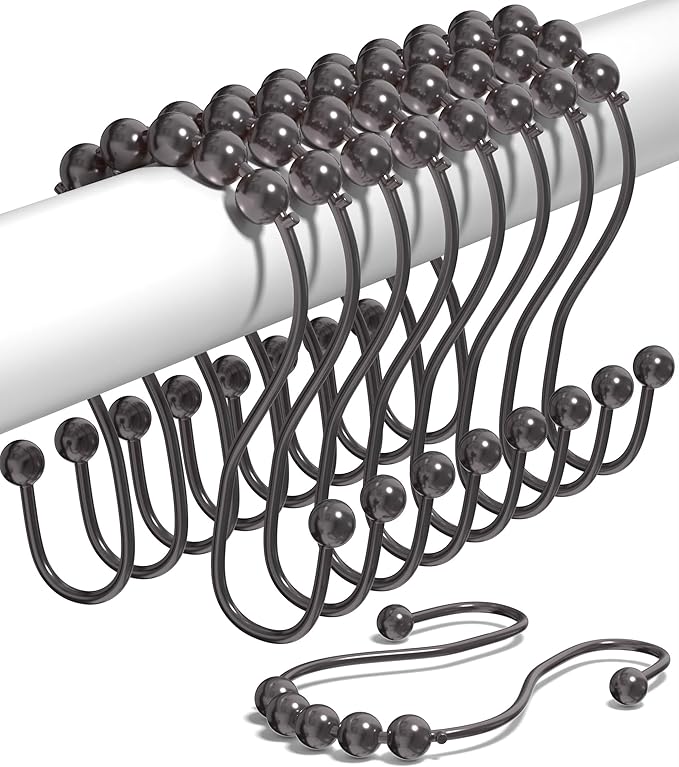 Shower Curtain Hooks Rust Proof (Set of 12) - Stainless Steel Shower Curtain Rings - Anti Slip Roller Balls for Easy Glide (Omega Double Hooks, Bronze)