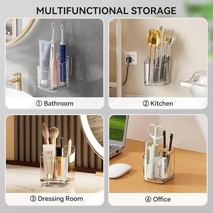 Toothbrush Holders for Bathrooms, 3 Slots Detachable Electric Toothbrush Holder Wall Mounted with Divider, Removable Tooth Brush and Toothpaste Holder Organizer for Bathroom/Kitchen/Office