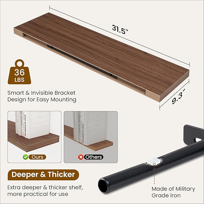 Fun Memories Floating Shelves for Wall, 32 Inch Rustic Wood Wall Mounted Shelves for Bathroom, Bedroom, Kitchen, Living Room, Deep Floating Shelves for Storage & Home Decor (Walnut, Set of 2)