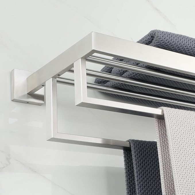 Alise Towel Rack with Double Towel Bars 24 Inch Towel Racks for Bathroom Wall Mounted,Bathroom Towel Holder Square Towel Hanger,SUS304 Stainless Steel Towel Shelf with Towel Bar,Brushed Nickel