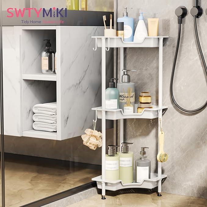 SWTYMIKI Corner Shower Caddy Standing - 3 Tier Floor Standing Shower Organizer with 4 Hooks, Plastic & Stainless Steel Waterproof Corner Stand Shower Shelf Storage Rack for Bathroom, Bathtub, White