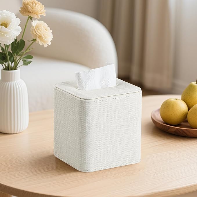 Square Tissue Box Cover with Magnetic Closure, Modern PU Leather Tissue Box Holder for Bathroom Vanity Countertop Night Stands Bedroom Office Desk, Stylish Cube Tissue Holder (Cream)