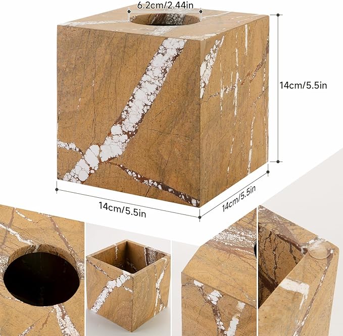 Natural Marble Tissue Box Holder Square Facial Tissue Bathroom Organizer Dispenser Bedroom Vanity Decor for Home Decor, Kitchen, Livingroom(NS034)