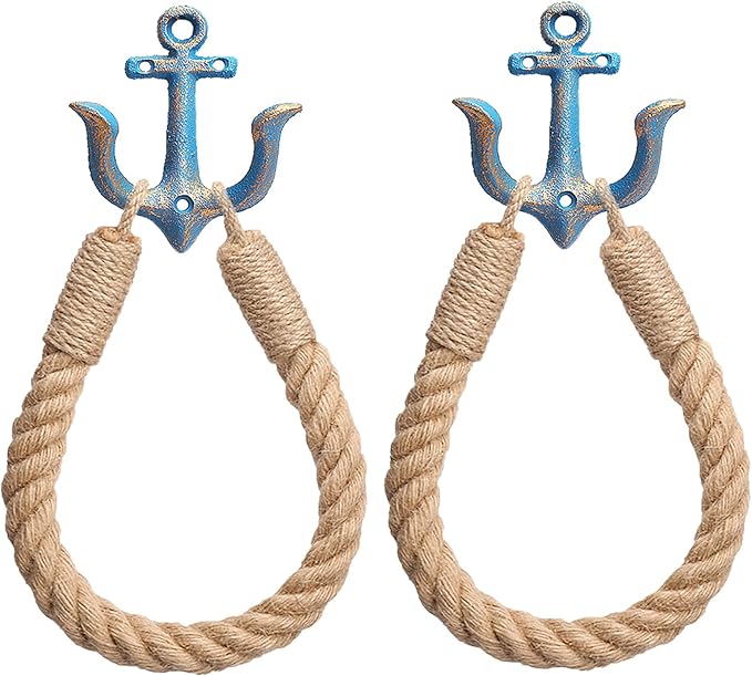 2 Pcs Nautical Toilet Paper Holder Rustic-Industrial Wall-Mounted Nautical Toilet Paper Towel Ring with Metal Hook for Bathroom Decor(Blue+Blue)