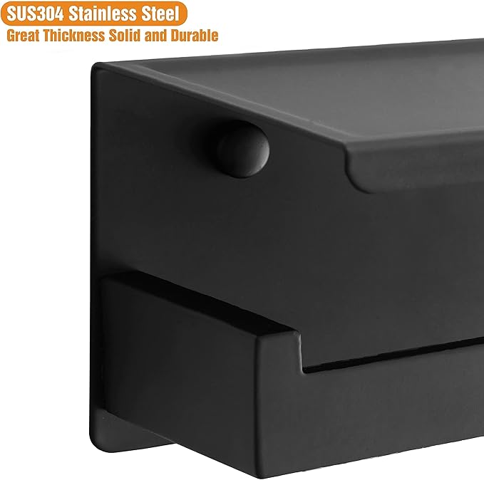 HITSLAM Matte Black Toilet Paper Holder with Shelf & 4 Towl Sticky Hooks, Self-Adhesive or Screw Mount Toilet Paper Roll Tissue Holder, SUS 304 Stainless Steel, Rustproof for RV& Bathroom Home