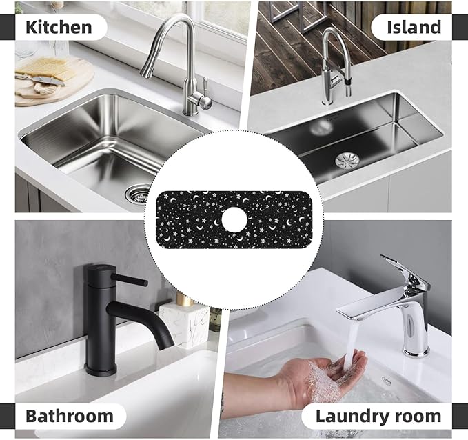 Black And White Moon Star Kitchen Sink Splash Guard Faucet Mat Super Absorbent Fast Drying Mat Sink Gadgets-Fast Drying Pad Sink Mat For Kitchen Bathroom (15" X 5.5" )