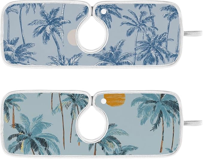 Sink Faucet Absorbing Mat Kitchen Sink Splash Guard Splash Faucet Drip Catcher for Bar RV Bathroom 2PCS 23.6x5.5in Blue Tropical Trees and Sun