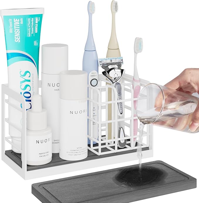Toothbrush Holders, Bathroom Organizers and Storage with Instant Drying Stone, 6 Slots Bathroom Accessories with Adjustable Toothpaste Holders, Bathroom Counter Organizer, White