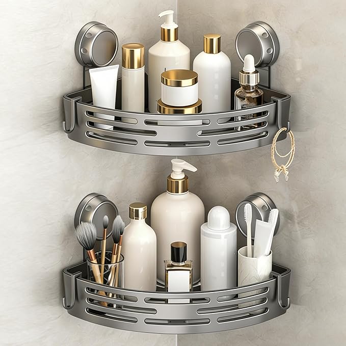 Triangle Suction Cup Shower Caddy, No-Drill Bathroom Corner Shelf, Small Bathroom Storage Cabinet, Easy To Install, Heavy-Duty Strong Hold Shower Storage Rack For Shampoo & Soap (Gray*2)