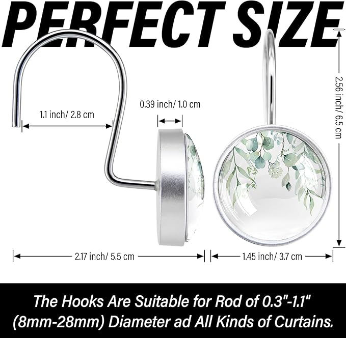 12 Pcs Sage Green Eucalyptus Shower Curtain Hooks – Rustproof Stainless Steel Rings with Decorative Glass Surface – Modern Bathroom Curtain Accessories