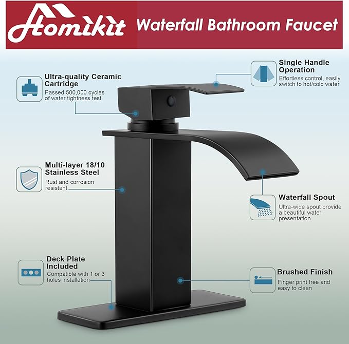 Matte Black Bathroom Faucet 3 Hole, Homikit 18/10 Stainless Steel Single Handle Waterfall Bathroom Sink Faucets Set for Sink 1 or 3 Hole for RV Vanity with Drain, Hooks, Deck Plate, Hoses