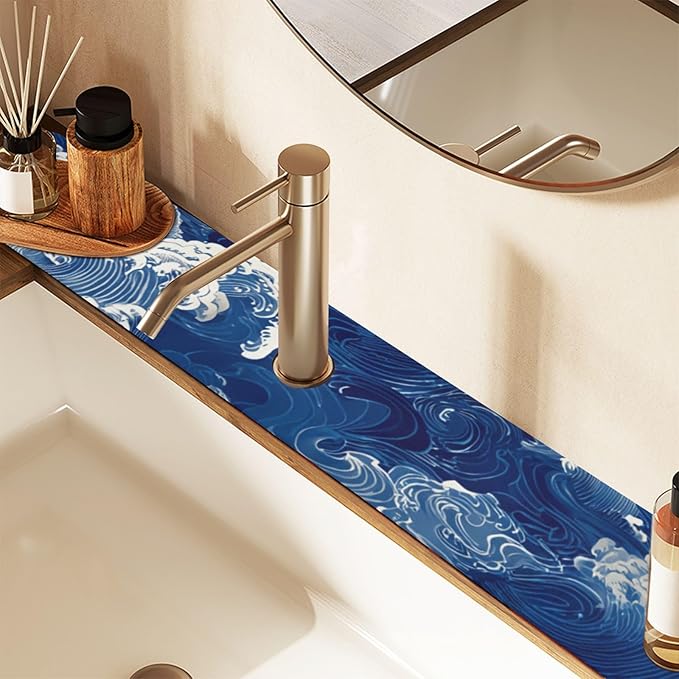 Kitchen Sink Splash Guard 2 PCS 30 Inch Sink Faucet Mat Splash Guard for Bathroom Countertop Water Absorbent Foldable Cuttable Soft Washable Blue Ocean Waves