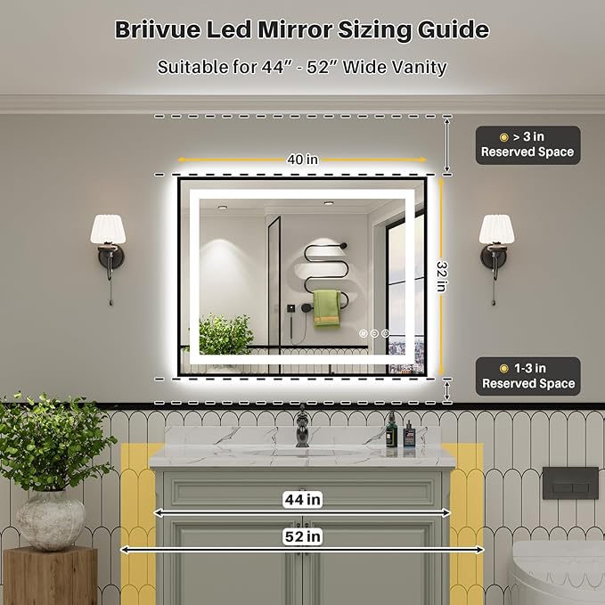 40x32 Inch LED Bathroom Mirror with Black Frame, Backlit & Front Lit, Anti-Fog Lighted Bathroom Vanity Mirror for Wall, Memory Function, Dimmable, HD Tempered Glass, Shatter-Proof