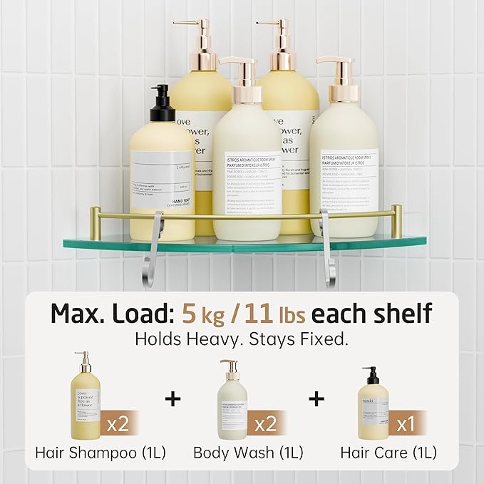 KES Glass Corner Shelf with Hooks 18/8 Stainless Steel, Tempered Glass Bathroom Corner Shelf with Rail, Shower Glass Shelf 2 Pack Wall Mounted, Brushed Gold, BGS2101A-BZ-P2