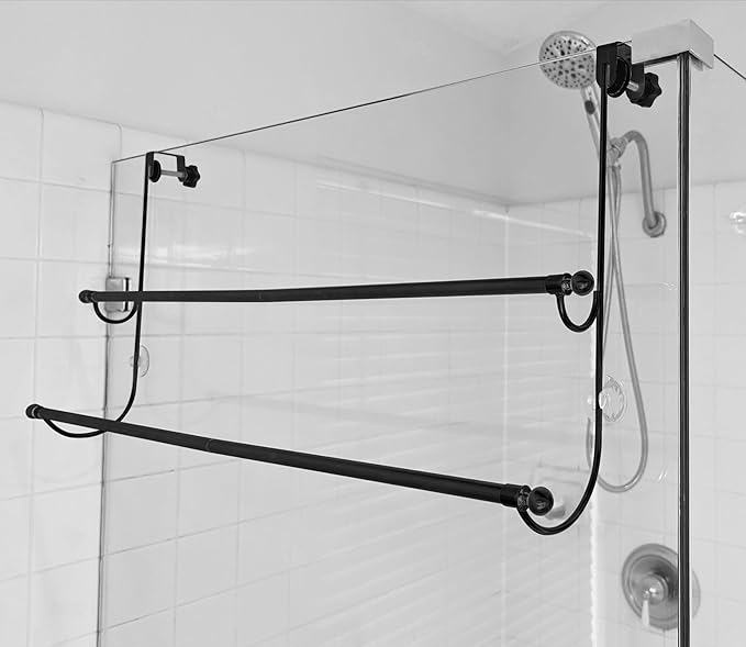 Insieme 29 x16 Inch Towel Rack for Over Glass Shower Wall or Glass Shower Enclosure (Frameless or Frames up to 1.6" Thick). Easy Do-It-Yourself Assembly - 2 Tier - Black - Stainless Steel - No Rust