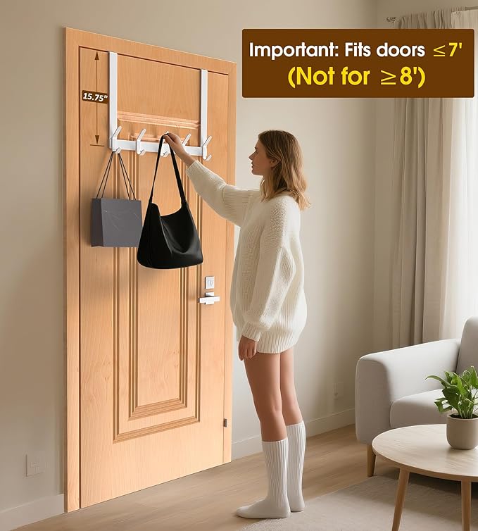 Long Over The Door Hooks Hanger with 15.75" Arms for for Easier Access by Shorter, J16U, Perfectly Fits US Standard 1 3/4-inch Doors, Towel Rack Bathroom Organizer Holder, White