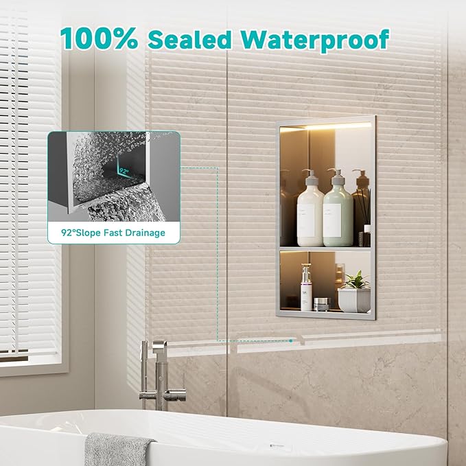 Stainless Steel LED Lights Shower Niche 12" x 18" – Recessed 2-Tier Shower Shelf, 12"x12" Upper & 12"x6" Lower Storage, Modern Bathroom Wall Niche (Brushed)