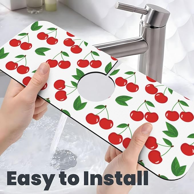 Fruit Cherry Red Cherries Leaves Leaf White Kitchen Sink Splash Guard Faucet Mat Super Absorbent Fast Drying Mat Sink Gadgets-Fast Drying Pad Sink Mat For Kitchen Bathroom (15" X 5.5" )