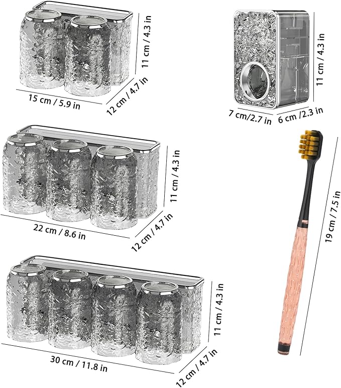 Toothbrush Holders Combo Set for Bathroom，3 Cups Toothbrush Holder Wall Mounted with Organizer，Gift 3 Count Ultra Fine Soft Bristle Crystal Tooth Brush and Wall Mounted Toothpaste Squeezer