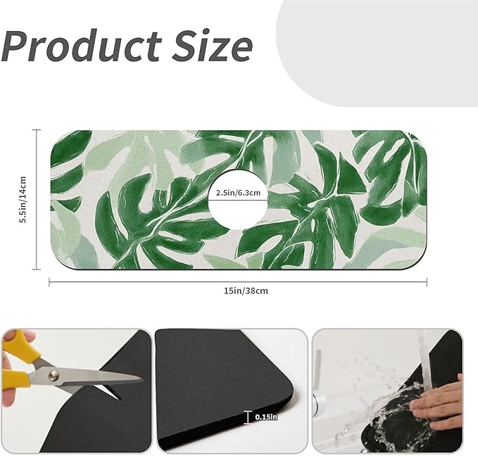 Kitchen Sink Splash Guard，Tortoise shell bamboo leaves Faucet Mat Sink Gadgets-Super Absorbent Fast Drying Mat Drip Catcher for Kitchen, Bathroom,Sink Mat, Dish Drying Mat, Bathroom(15" X 5.5" )