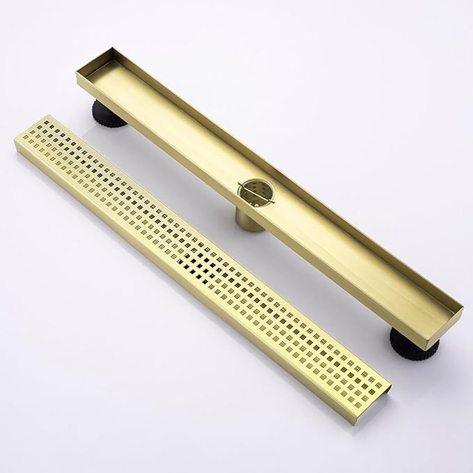 12 Inch Linear Shower Drain Bathroom Kitchen Golden Floor Drain Removable Capsule Pattern Cover Accessories Shower Drain 304 Stainless Steel Drain with Hair Strainer Adjustable Leveling Feet