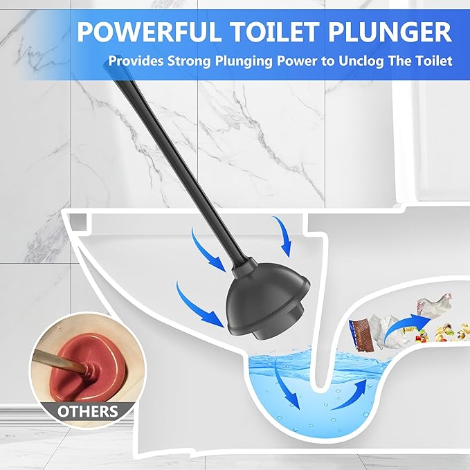 Toilet Plunger with Holder, Plunger with Unique Holder for 5.7-inch Toilet Drain, Plungers for Bathroom with Holder, Toilet Plunger Heavy Duty (1, Black)