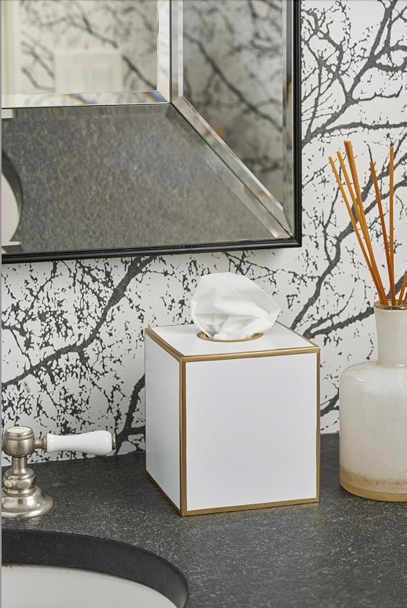 Jaye’s Studio Metal Decorative Tissue Box Cover Square Tissue Box Holder For Bathroom & Bedroom White And Gold Desk Accessories, Facial Tissue Dispenser White Tissue Box Cover Gold For Farmhouse Decor