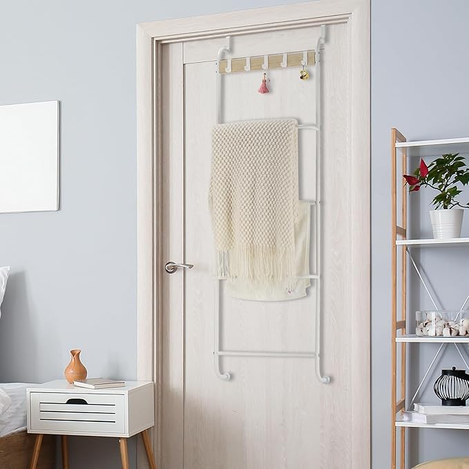 Over The Door Towel Rack, Back of Door Towel Rack, White Over The Door Hanger, Bathroom Behind Door Towel Holder with Hooks, Towel Bar Door Rack Hanger for Bedroom