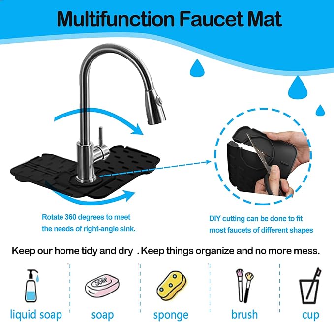 Mini Sink Splash Guard & Faucet Mat for Kitchen Sink Compact 8.3" Kitchen Faucet Splash Guard Mat, Small Kitchen Sink Organizer & Sponge Holder for Kitchen, Bathroom, Corner Sink (Black)