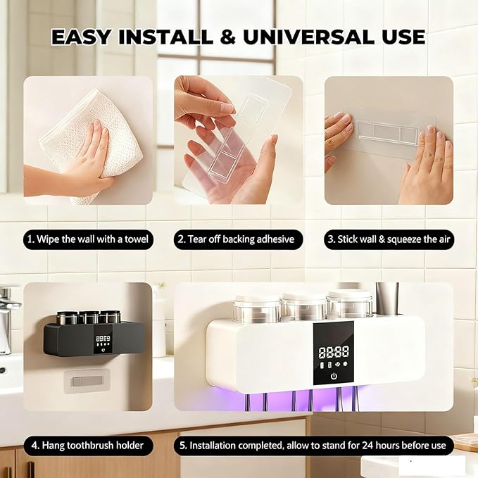 Toothbrush Cleaner Holder, Wall Mounted Tooth Brushing Holder with 3 Cups,No-Drill Installation for Family Home Bathroom Organizer