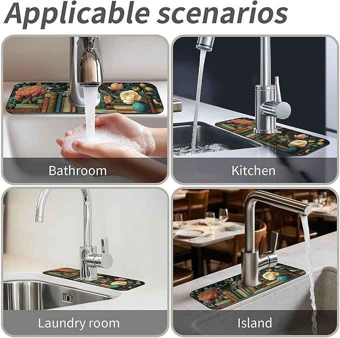 Kitchen Sink Splash Guard，Flowers and Books Faucet Mat Sink Gadgets-Super Absorbent Fast Drying Mat Drip Catcher for Kitchen, Bathroom,Sink Mat, Dish Drying Mat, Bathroom(15" X 5.5" )